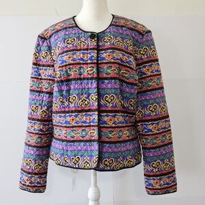 Maggy London Size 14 Silk Multi-Colored/Patterned Black Quilted Blazer Suit Jack